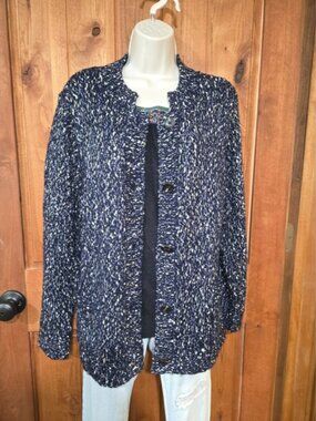 J. Jill Navy & White Speckled Button-Front Cardigan With Gold Threads